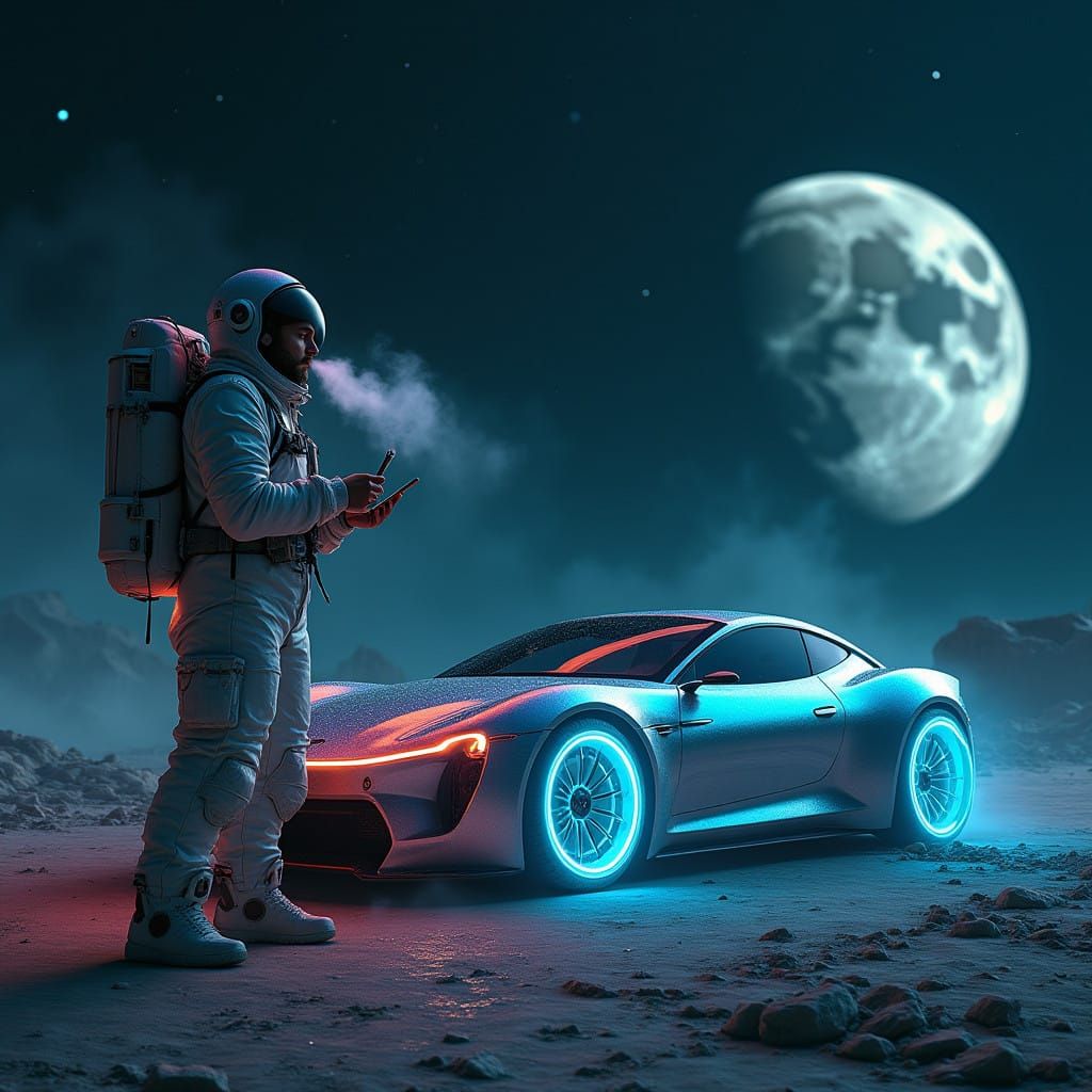 Hyperrealistic Space Explorer and Electric Car in Cinematic,...