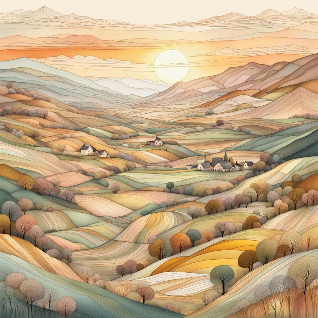 Idyllic Valley Landscape in Watercolor-Inspired Folk Art