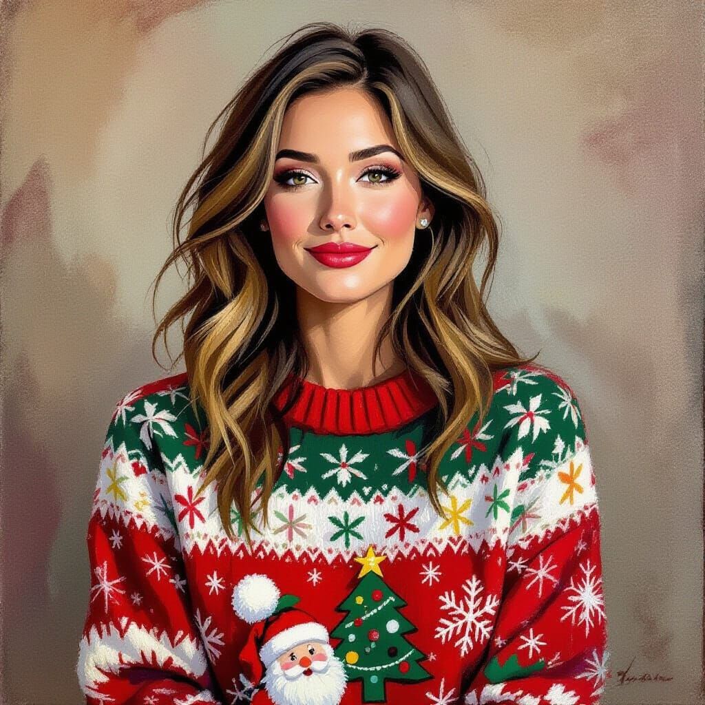 Woman in Ugly Christmas Sweater as Textured Oil and Chalk Ar...