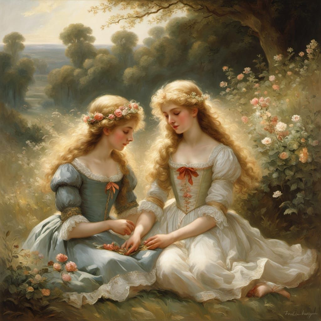 Whimsical 18th Century Twin Girls in a Sun-Drenched Field