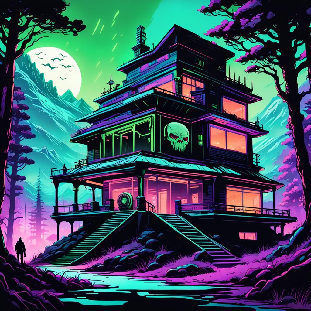 Cyberpunk Haunted House in Mountain Forest