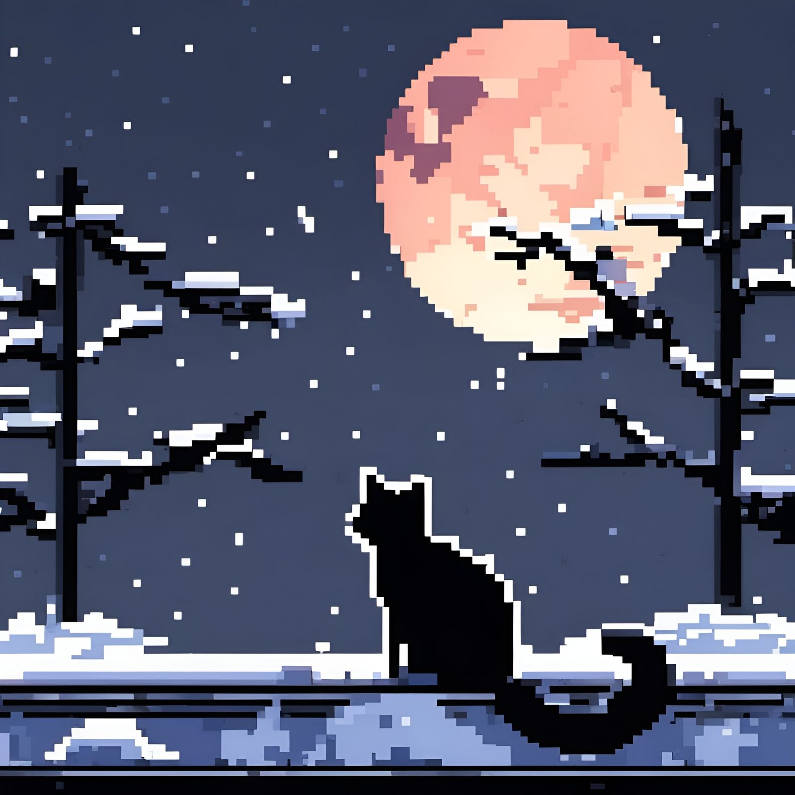 Japanese Black Cat Moon Gazing: 8-Bit Pixel Art