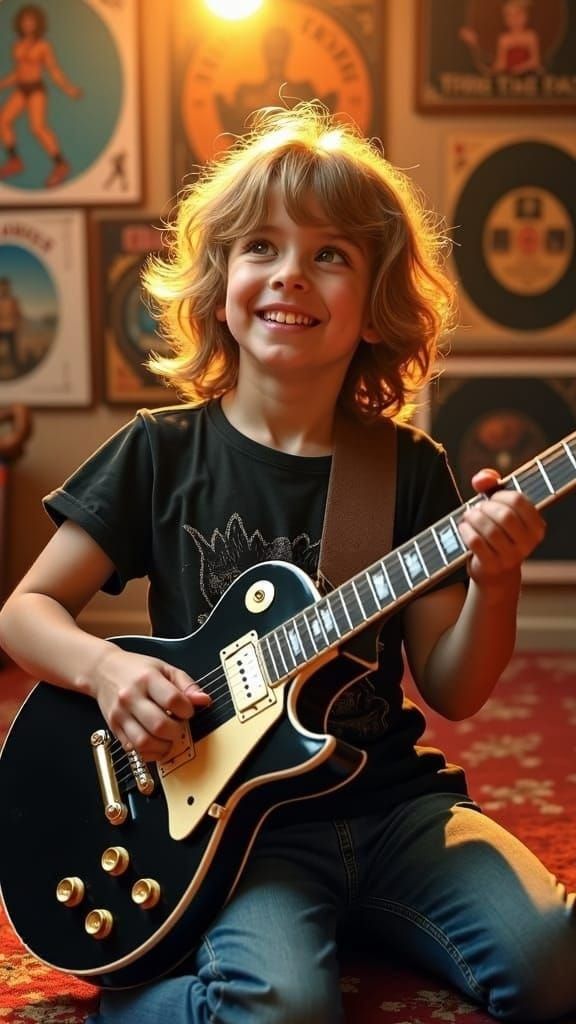Young Rock Star Plays Giant Guitar in 1970s Style