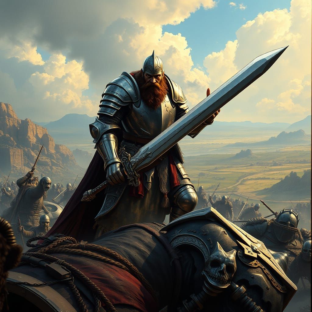 Victorious Knight Overlooking War-Torn Landscape