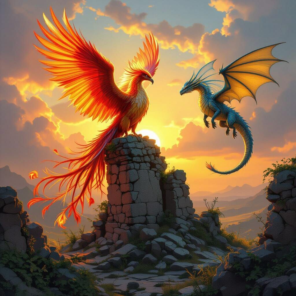 Phoenix and Dragon at Sunset in Ancient Ruins