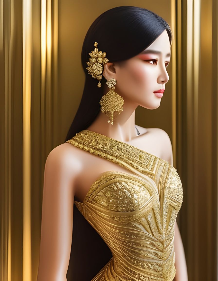 Woman in Gold Filigree Dress, Art Nouveau Portrait