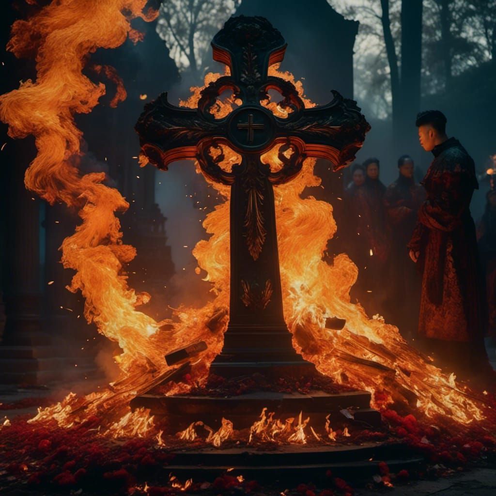 Flames around a cross and tombstone