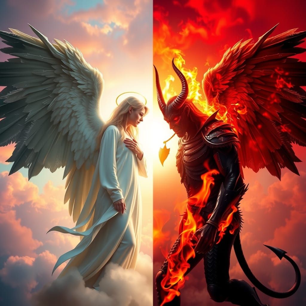 Ethereal Encounter: Angel and Demon in Intense Gaze