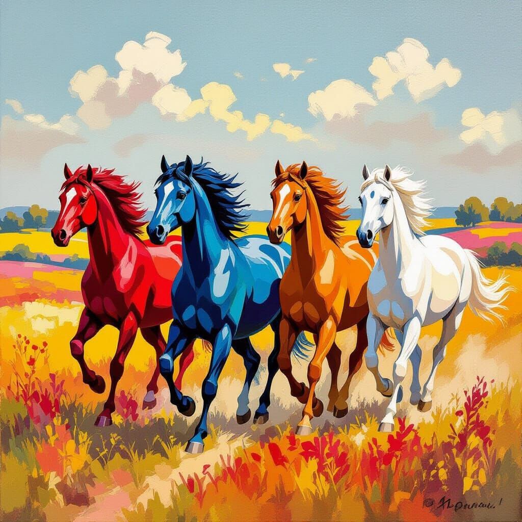 Colorful Horses in Paint-by-Numbers Oil Painting