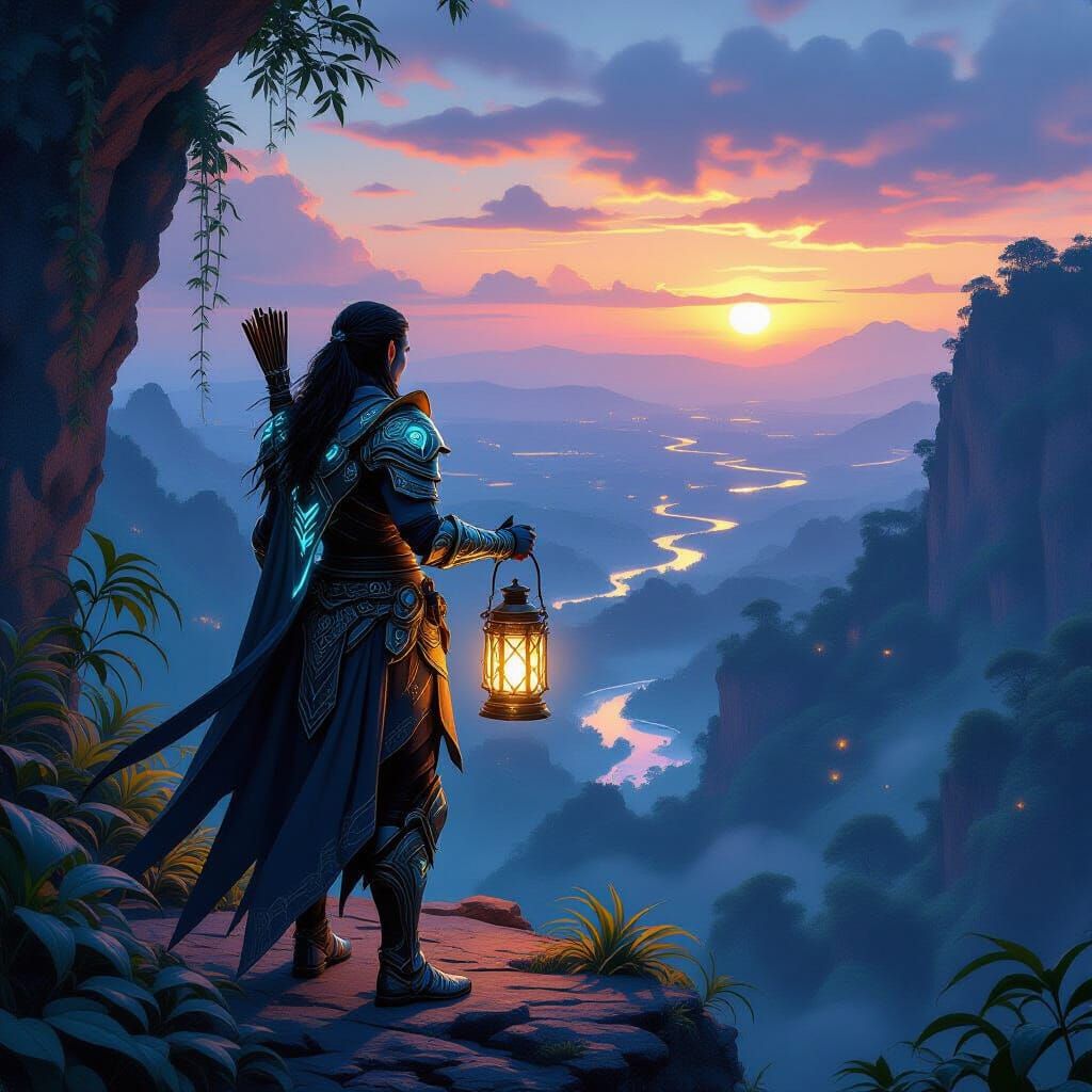 Elven Warrior Overlooking Alien Jungle at Twilight