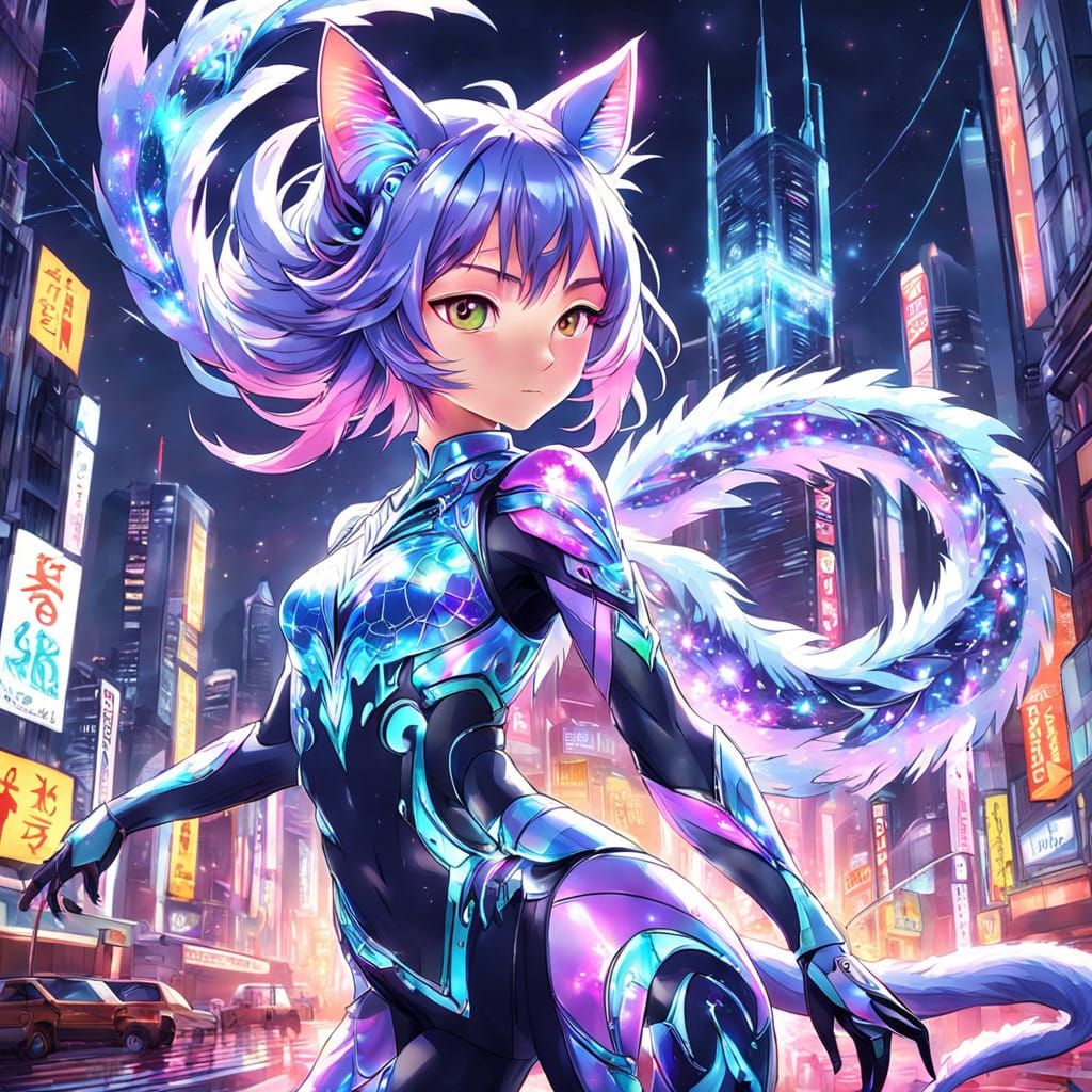 Ethereal Nekomata in Neon Holographic Fantasy