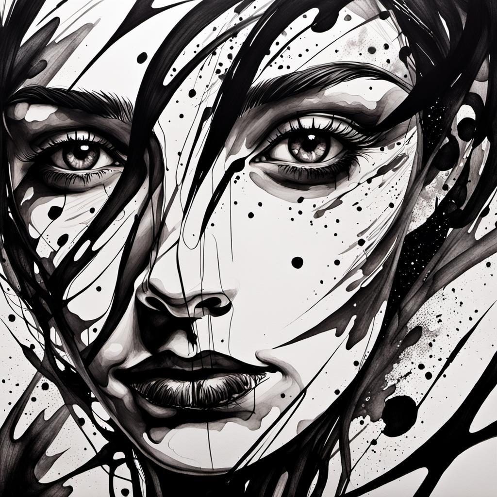 Monochrome Ink Abstract Portrait of a Woman