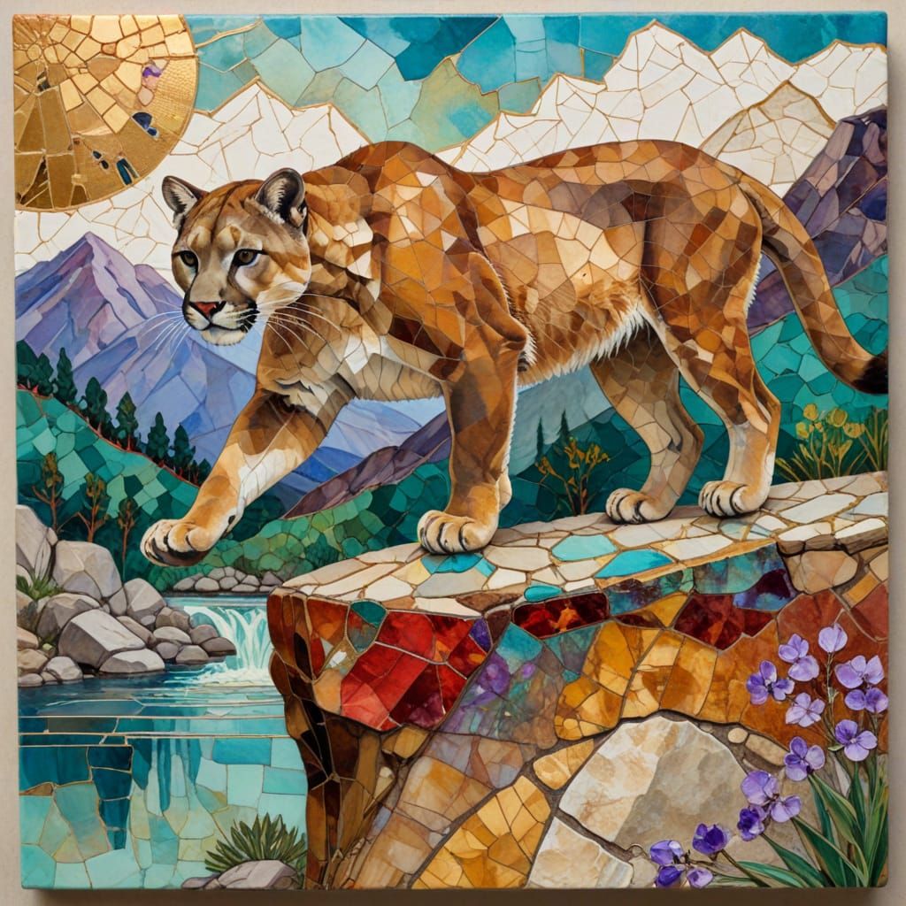Fierce Mosaic Mountain Lion in Vibrant Ochre Hues