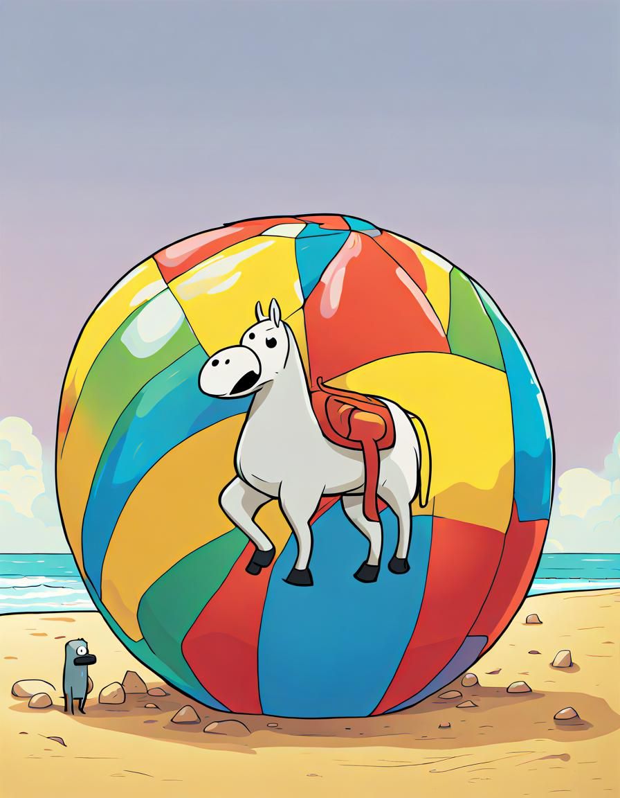 Cartoon Horse Balances on Beach Ball in Colorful Art