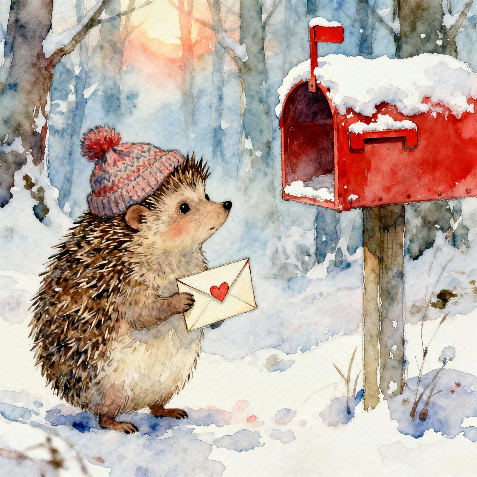 Cute Hedgehog in Snowy Forest with Mailbox