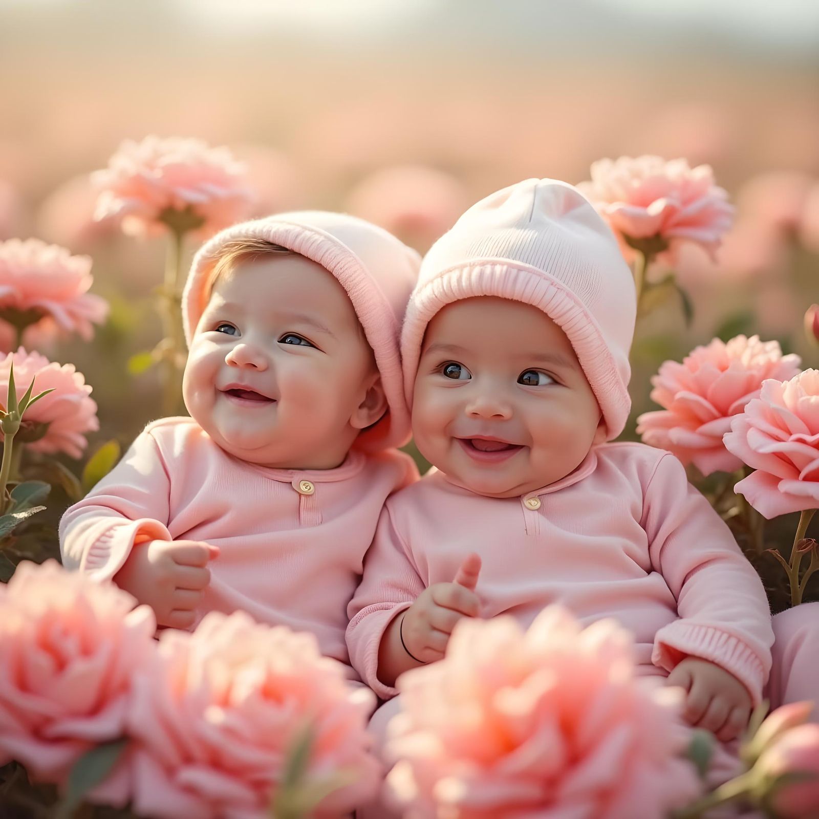 Babies Smiling Amongst Roses in Diapers