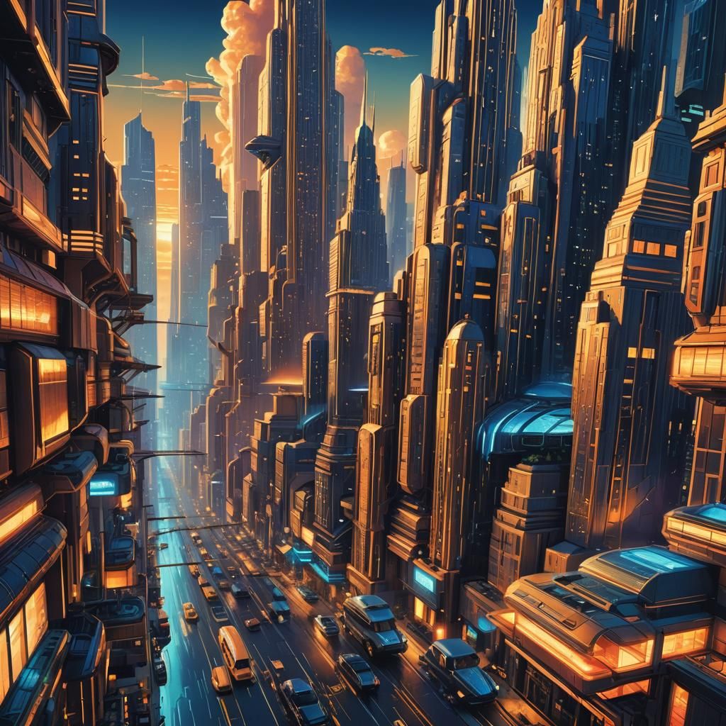 Art Deco Cityscape at Sunset in Fantasy Style