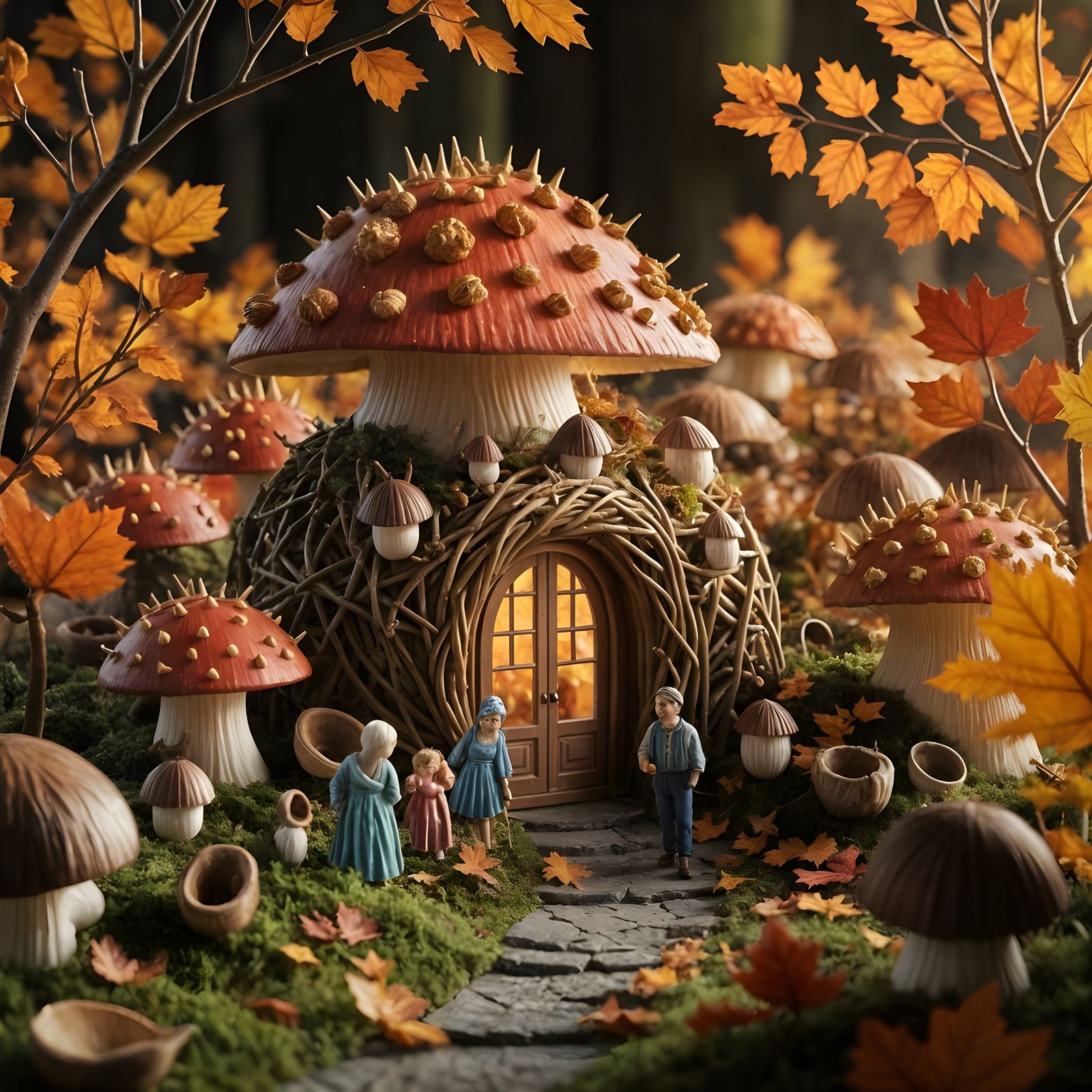 Miniature Autumn Village with Tiny People in Mushroom Homes