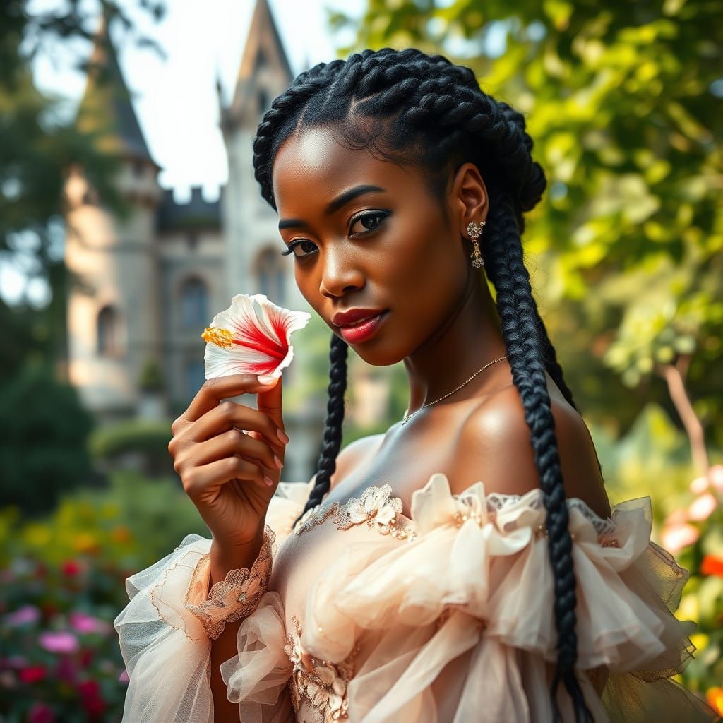 Regal Black Asian Woman in Victorian Gown Smelling Hibiscus ...