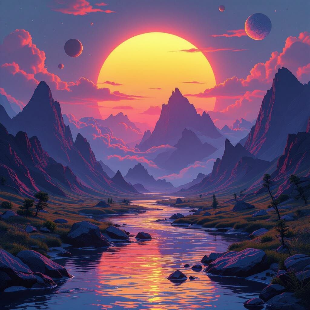 Sci-Fi Sunset Landscape in Digital Painting Style