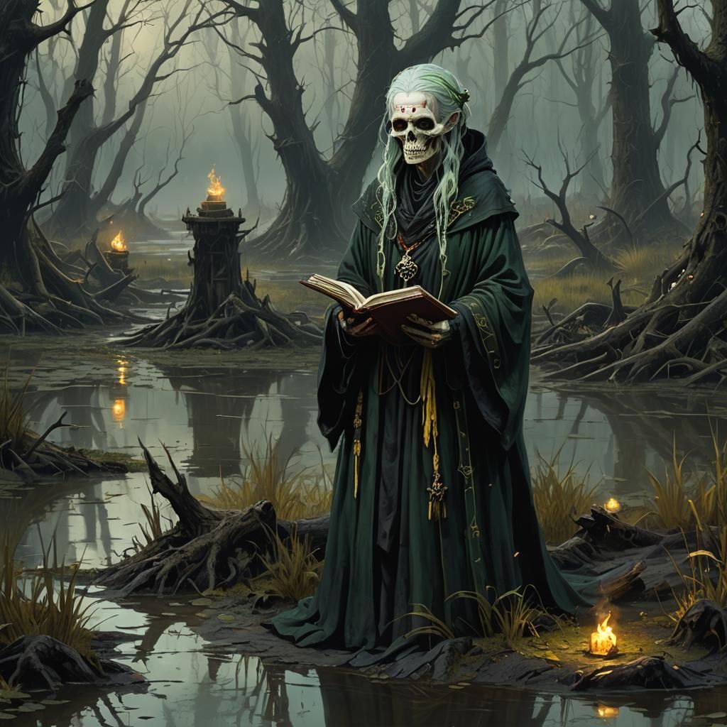 Hag Necromancer in Decaying Swamp: Fantasy Concept Art