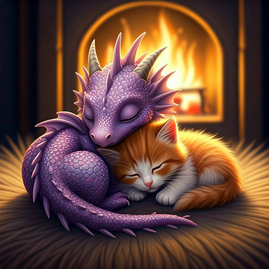 Dragon and Kitten Snuggle in Golden Light