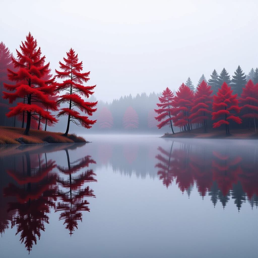 Surreal Autumn Lake with Red Trees in Fog