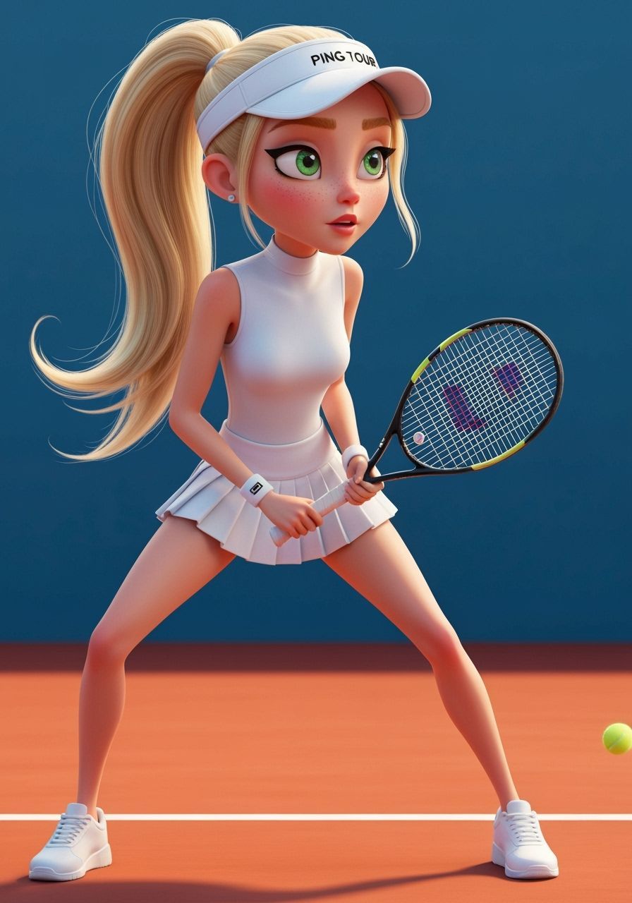 Tennis Player Awaiting Serve: Pixar-Style Close-Up