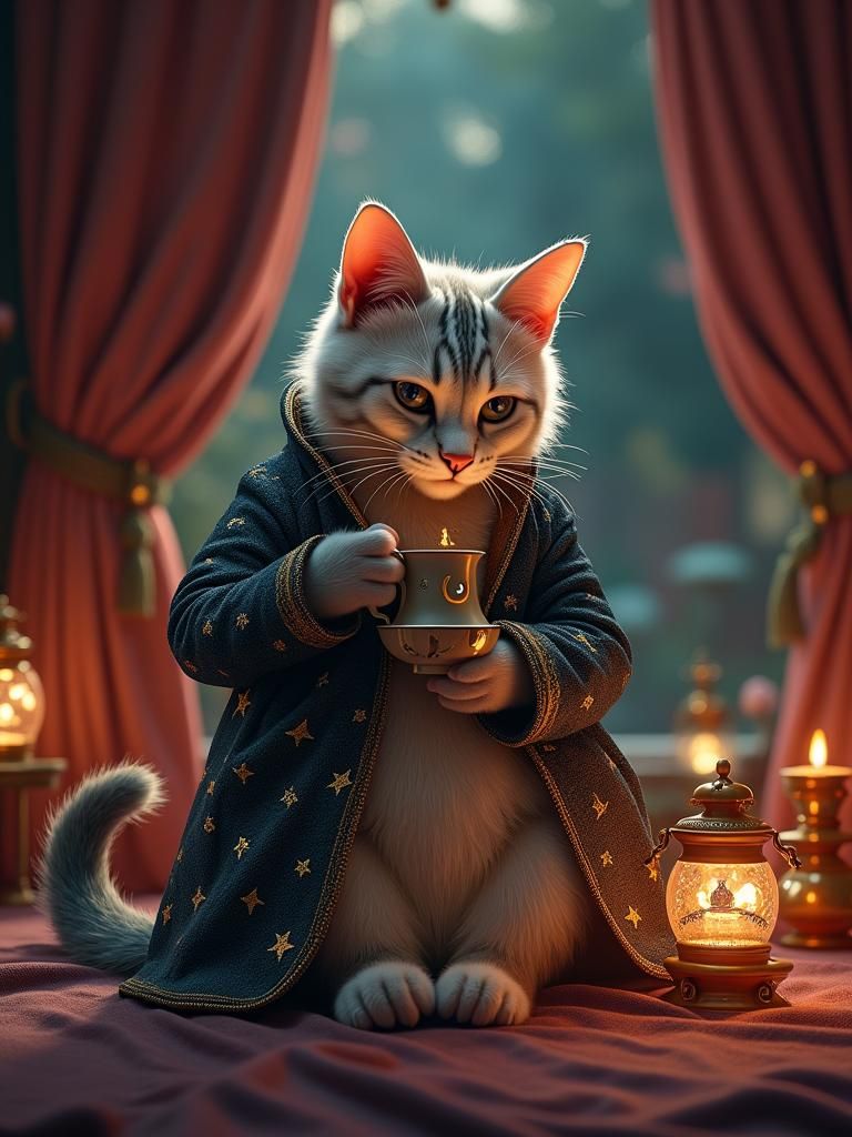 Celestial Cat Sipping Tea: Fantasy Concept Art