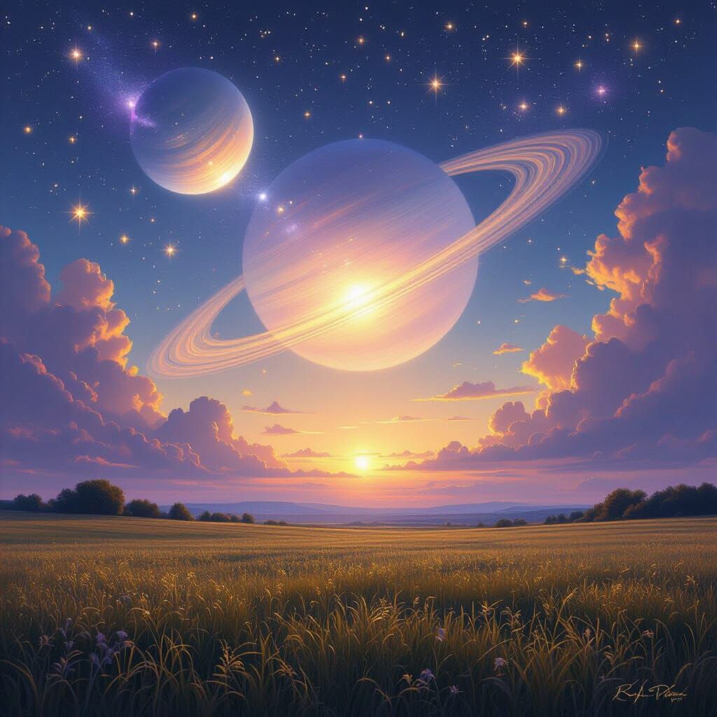 Ethereal Planet Over Tranquil Field in Cosmic Twilight