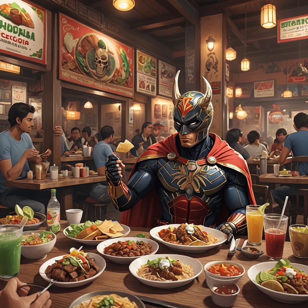 Mexican Superhero in Anime Style Eats Mexican Food