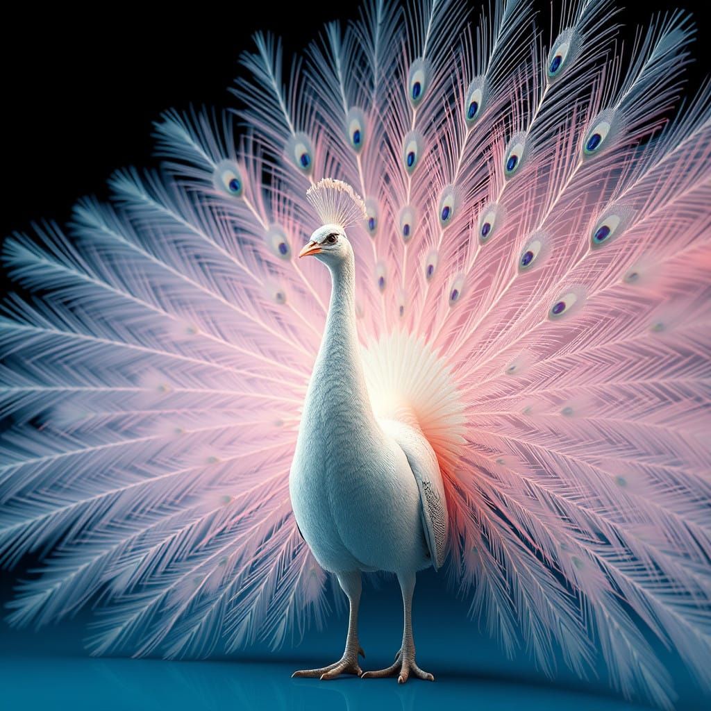 Surreal, Photorealistic Albino Peacock in Vibrant, Complemen...
