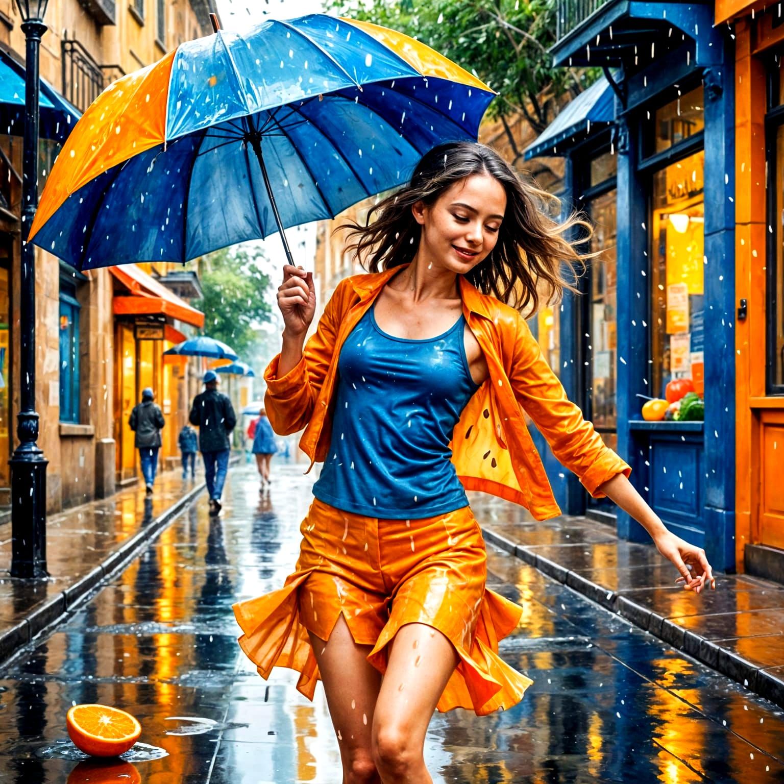 Watercolor Dancer in Orange Rain with Blue Umbrella