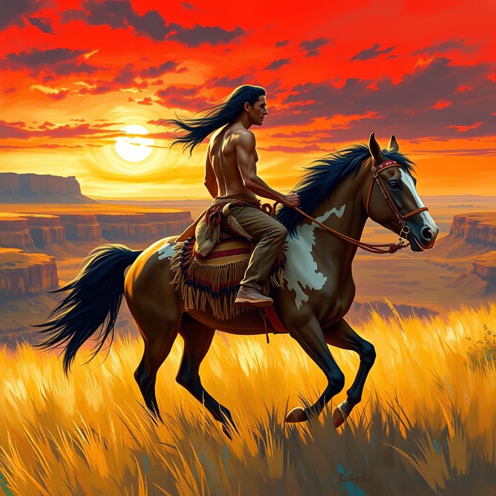 Native American on Painted Pony in Impressionistic Style