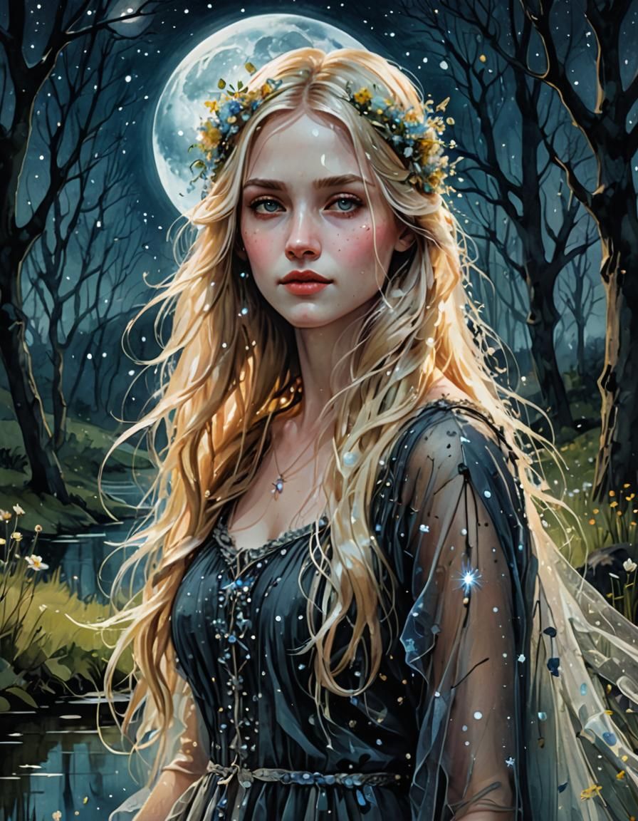 Moonlit Woman Portrait in Digital Watercolor