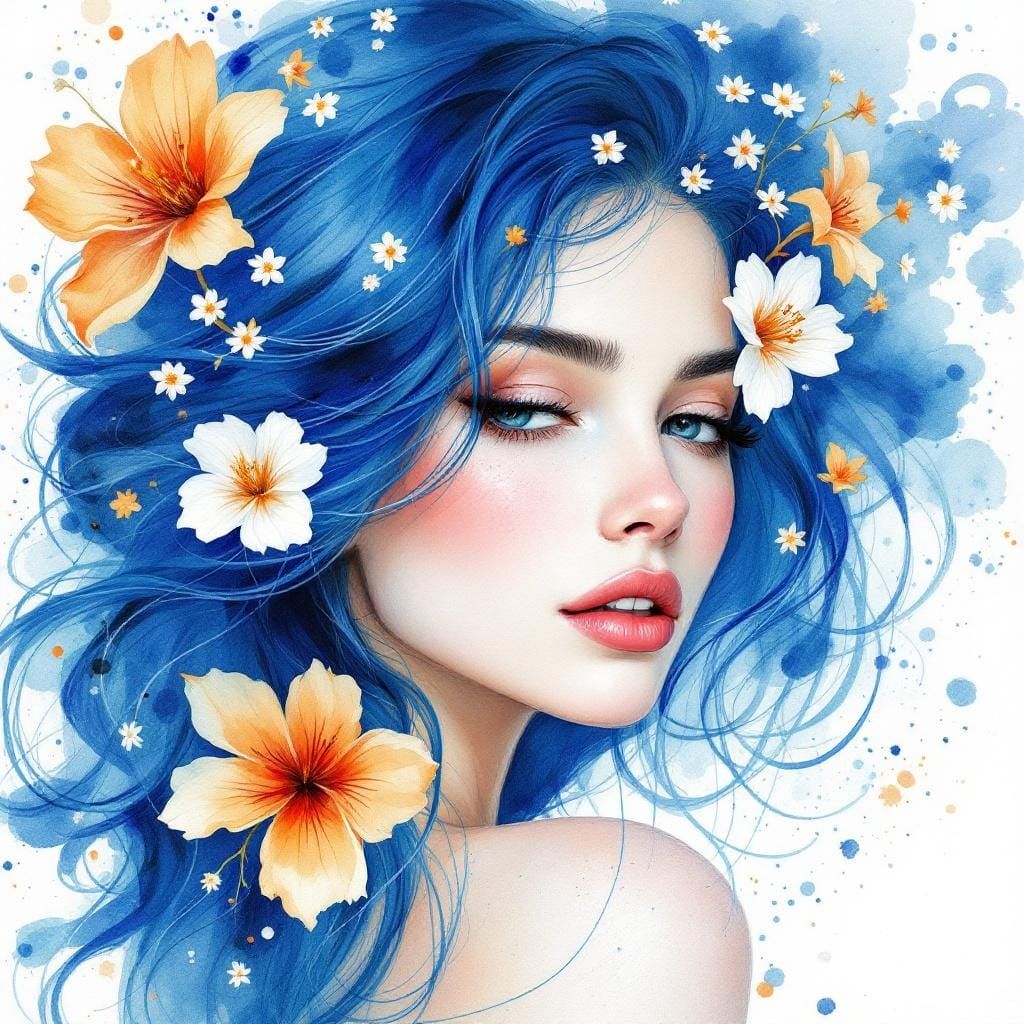 Ethereal Woman with Flowing Blue Hair as Watercolor