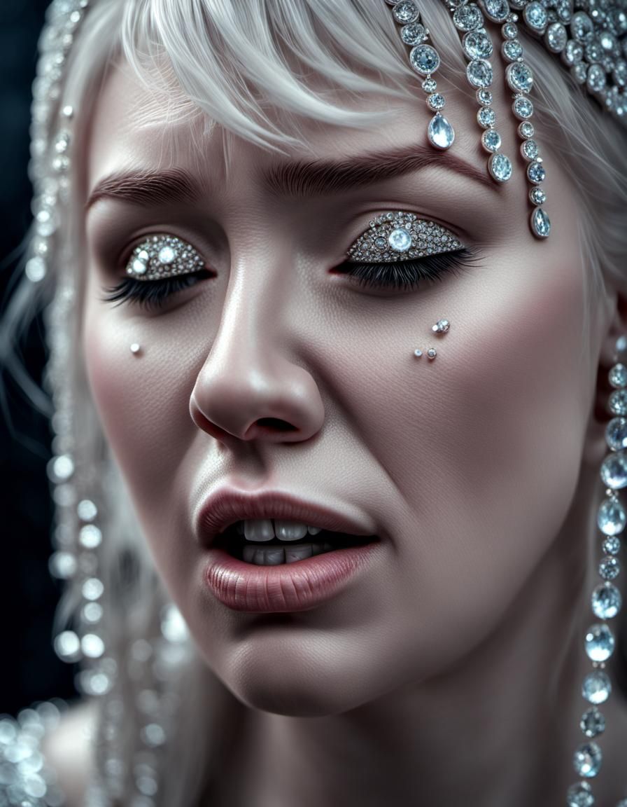 Albino Woman Crying Diamonds: Hyperrealistic HDR Portrait