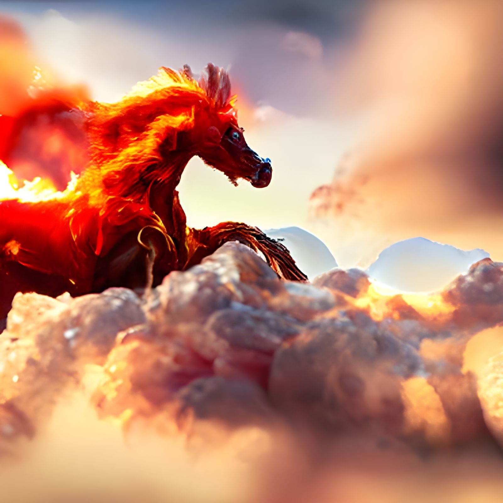 Flaming Horse Leaps Through Clouds, Hyperrealistic Art