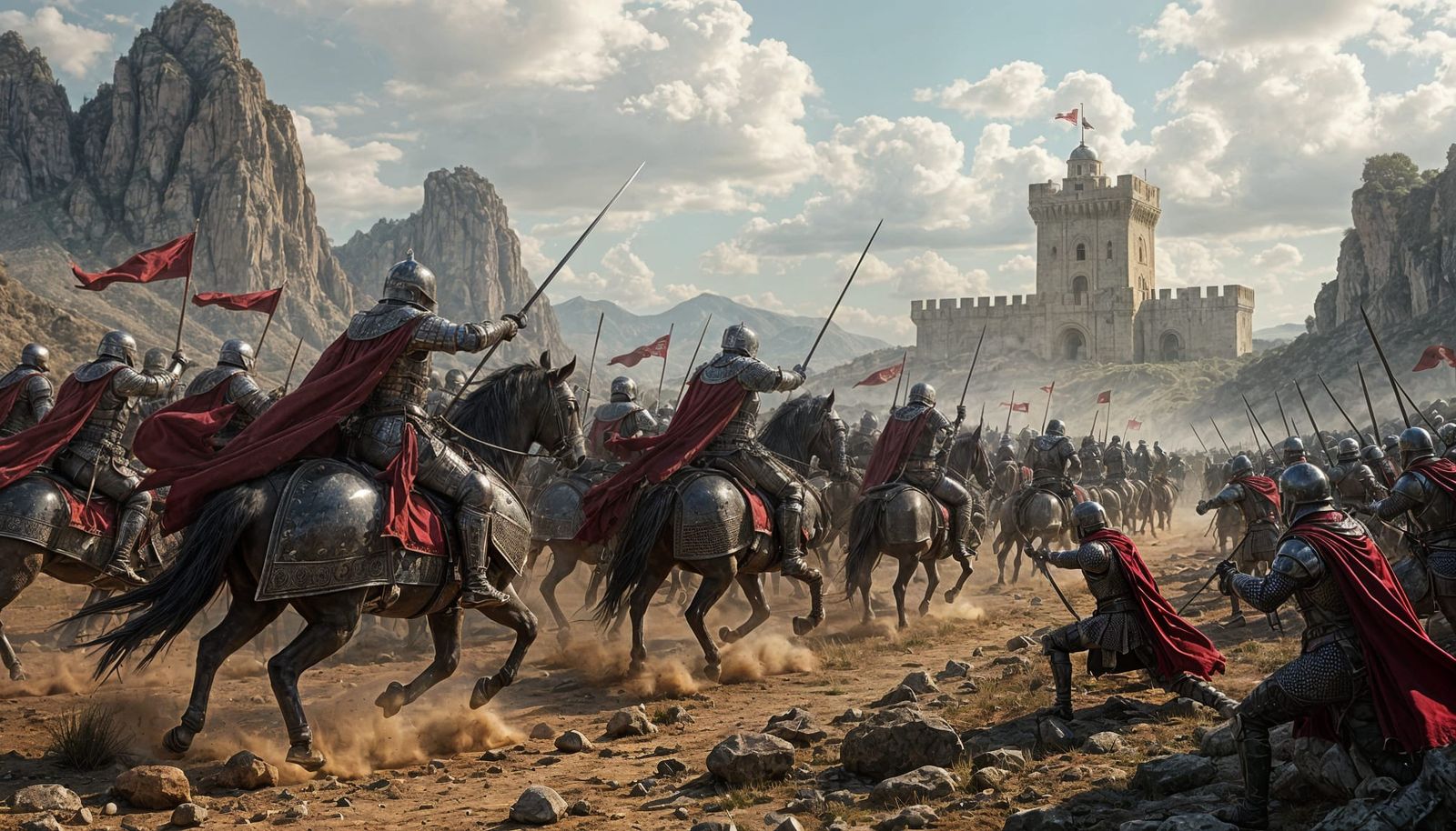 Epic Medieval Battle Scene with Knights and Cavalry