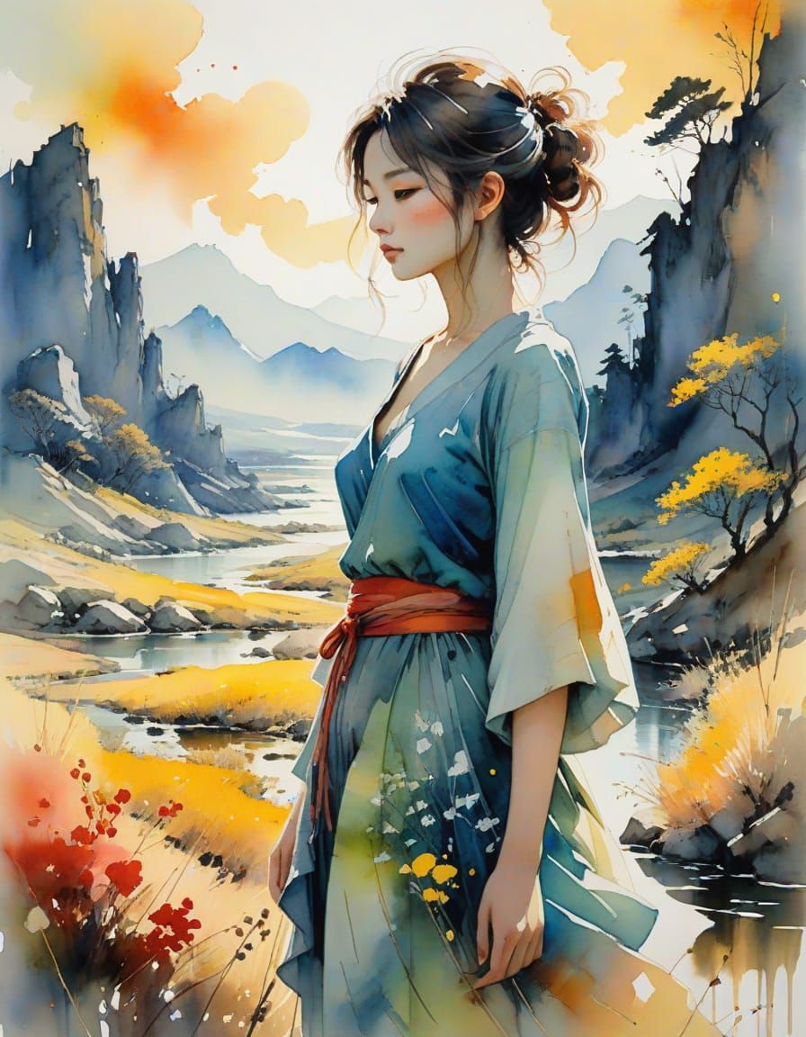 Watercolor Woman in Whimsical Landscape Painting