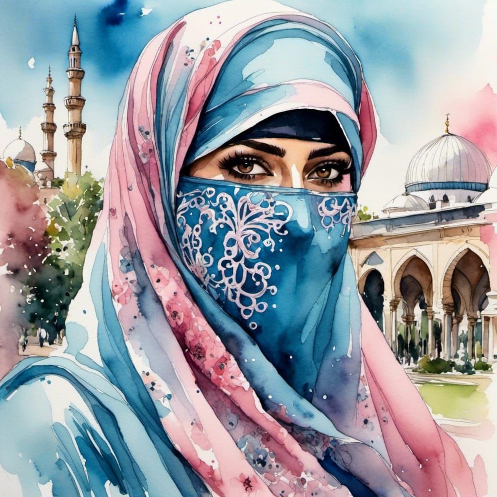 Middle Eastern Woman in Niqab, Watercolor Portrait