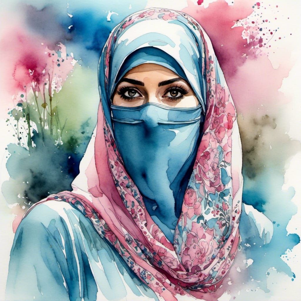 Watercolor Portrait of Veiled Woman in Park
