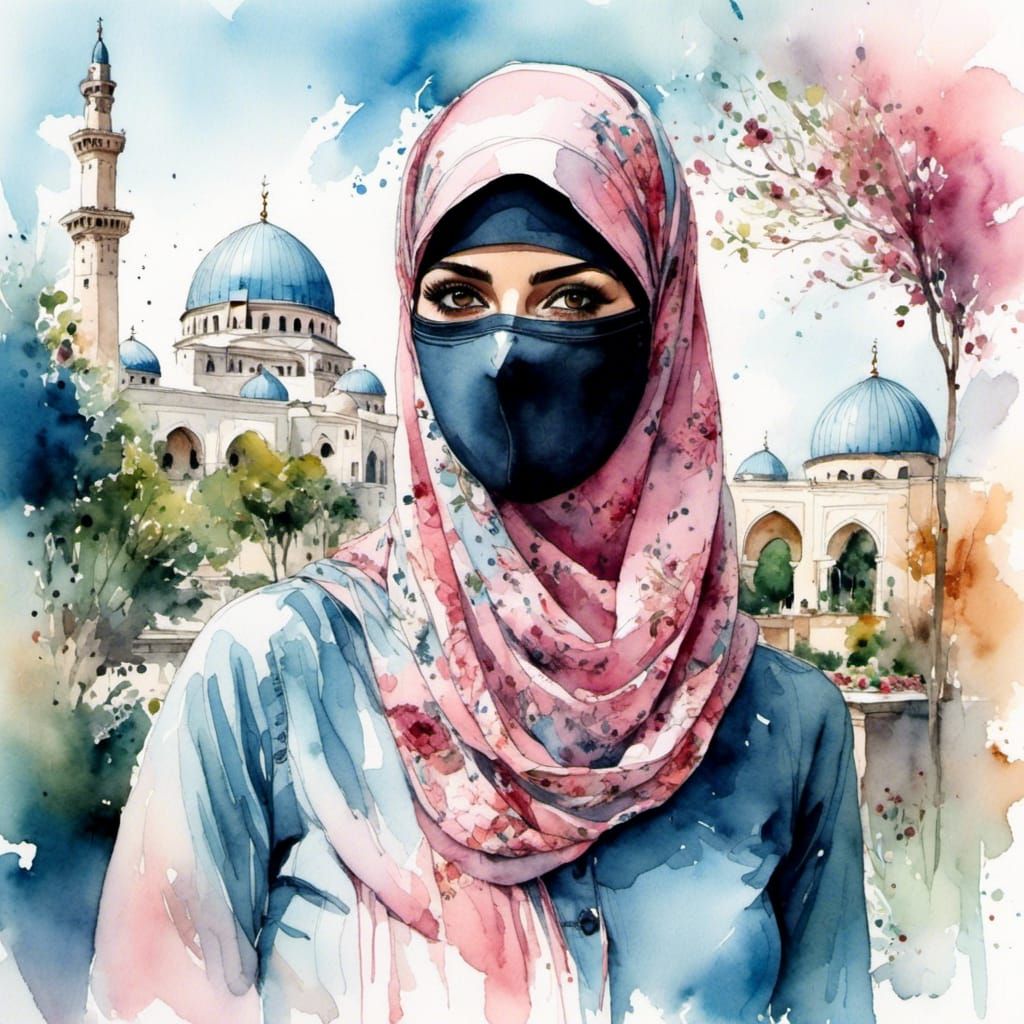 Middle Eastern Woman Portrait in Watercolor Style