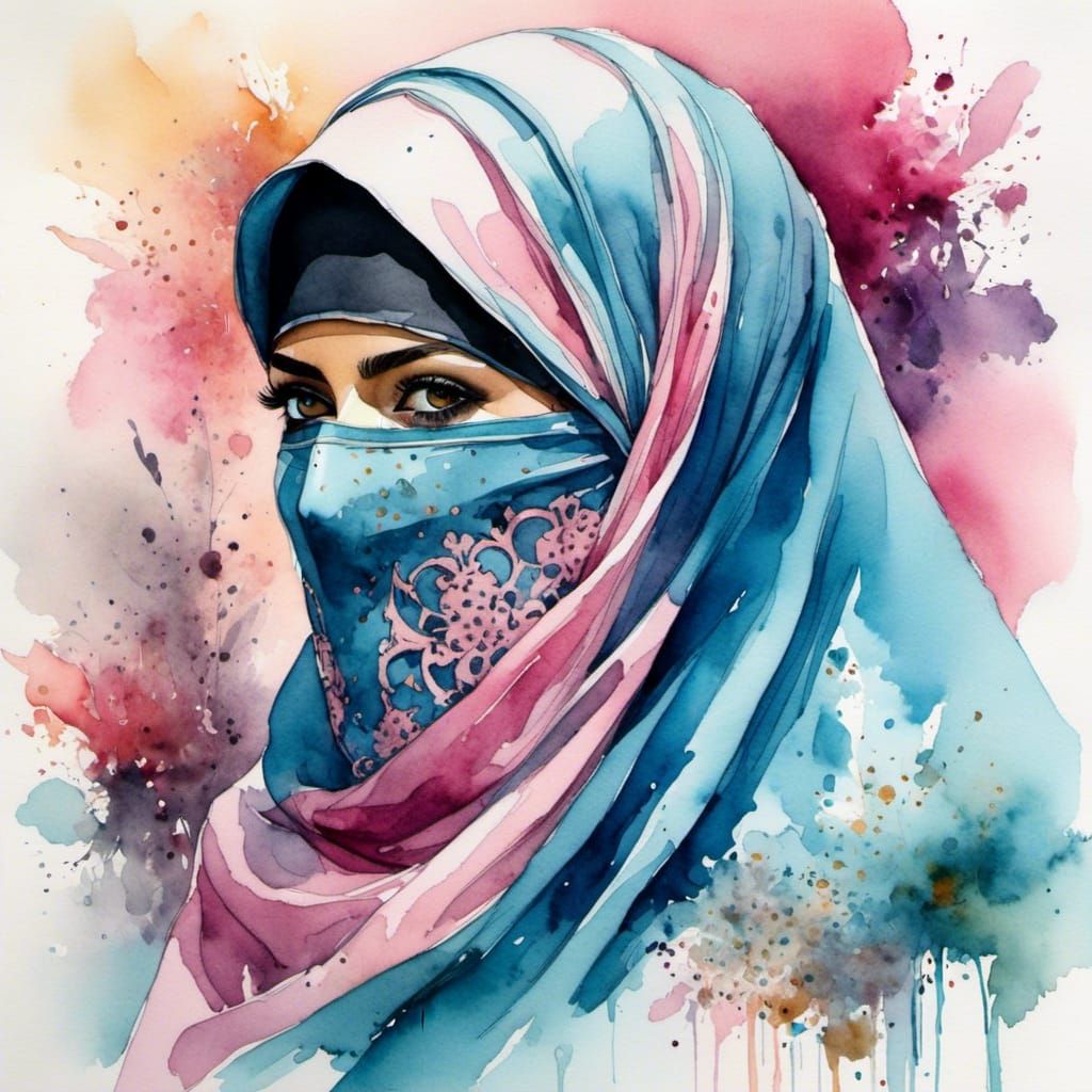 Middle Eastern Woman in Niqab Watercolor Portrait