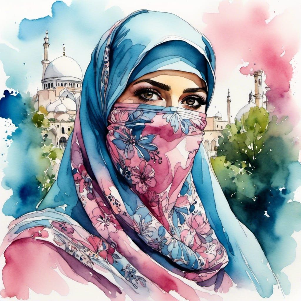 Middle Eastern Woman in Niqab: Watercolor Portrait