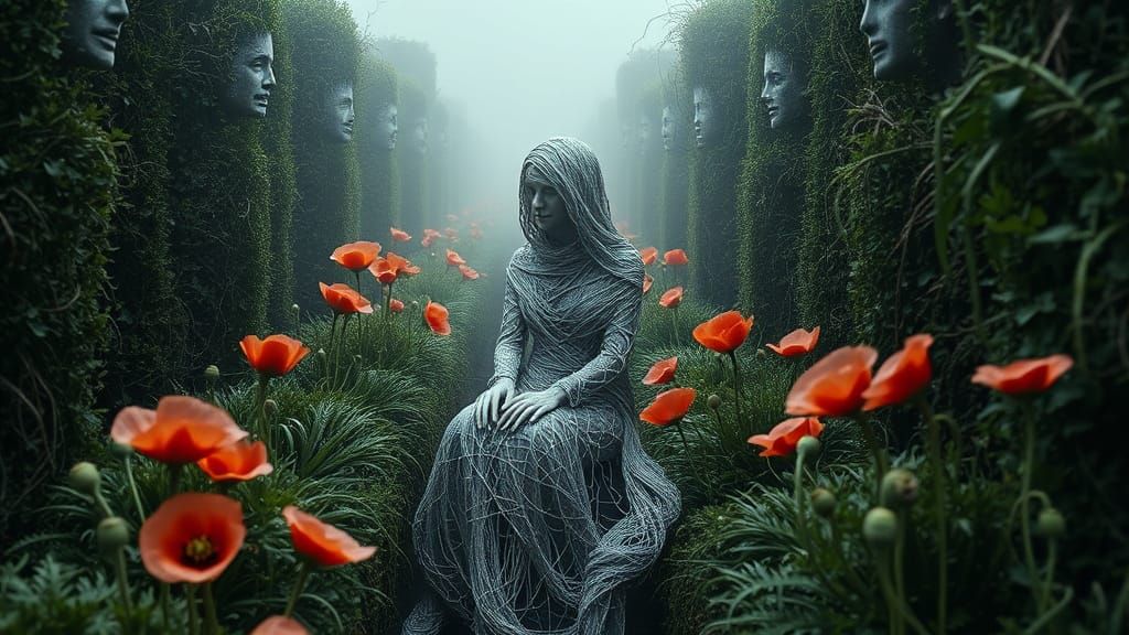 Gothic Horror Maze with Statues in Silent Terror