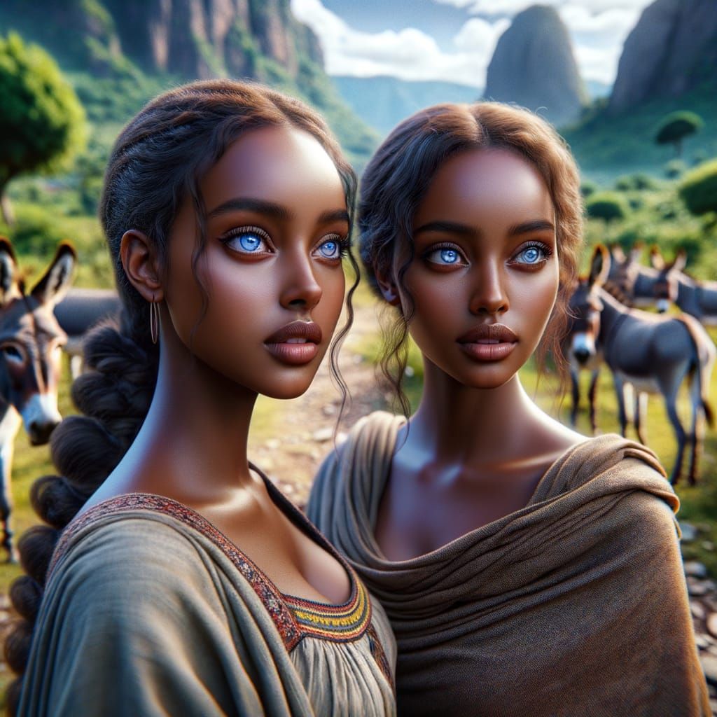 2 Beautiful Ethiopian women with blue eyes wearing tradition...