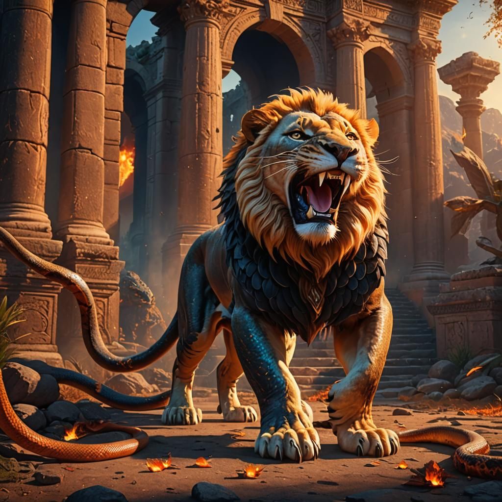 Lion-Snake Hybrid Walks in Golden Hour Light