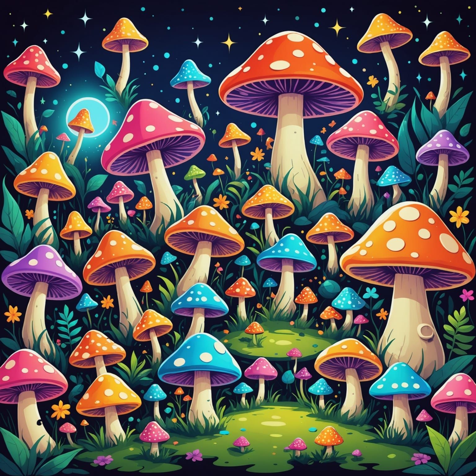 Psychedelic Mushroom Party with Mythical Creatures