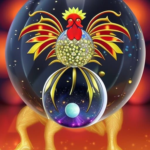 Ornate Rooster in Sphere with Starry Gems